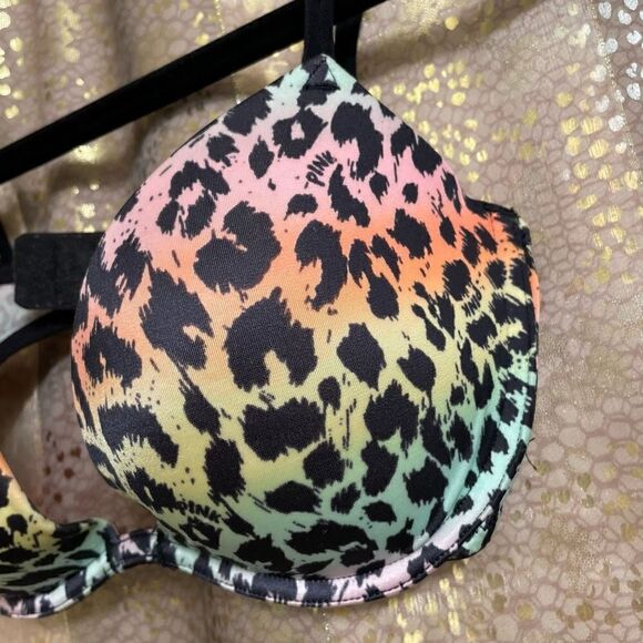 PINK Victorias Secret Colorful Leopard Heartbreaker Plunge Push Up Bra, 32D - Picture 3 of 6